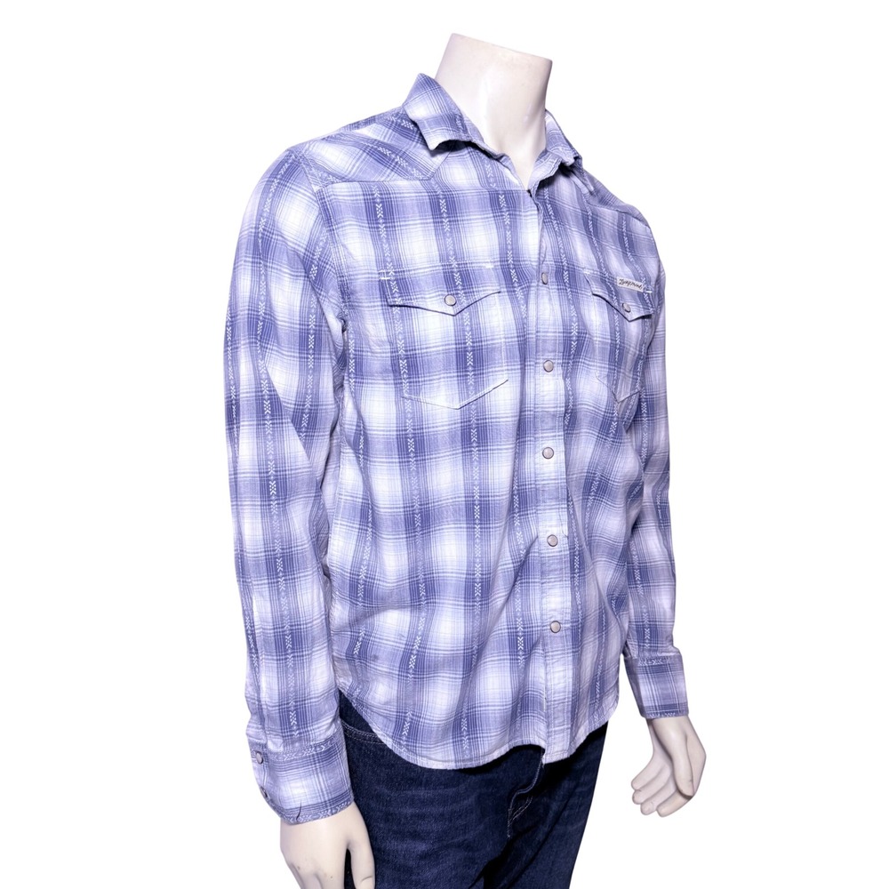 Lucky Brand Mens Blue Plaid Western Pearl Snap Shirt Embroidered Medium - Picture 2 of 9